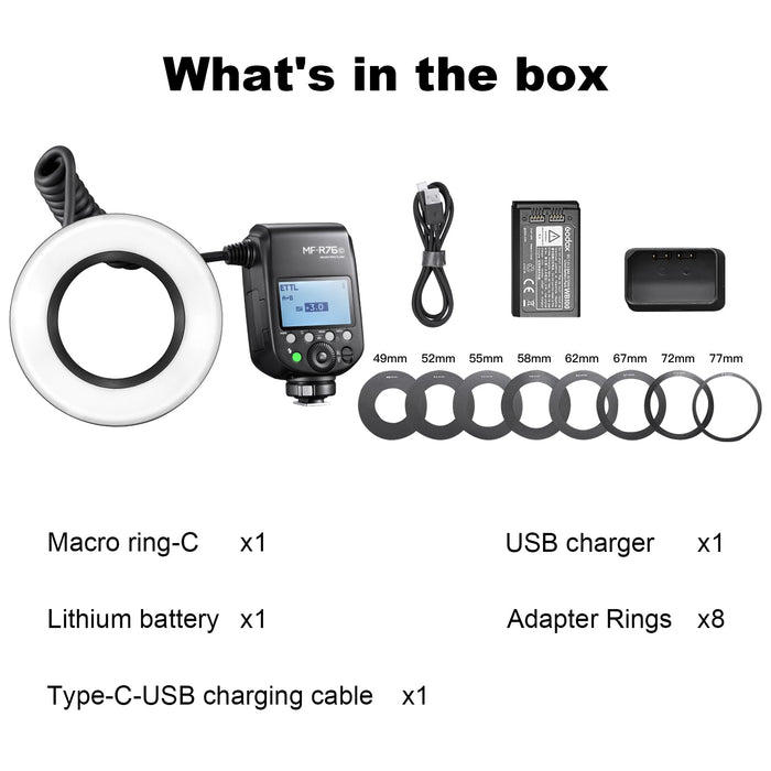 NJA TTL  MF-R76N Macro Ring Flash for Nikon TTL/M Mode 5900K 76Ws 2.4G Wireless Control 550 Full-Power Flashes 0.1-1s Recycle Time Dual-Flash Tubes with LCD Screen for Inscet Plant Jewelry Shooting - Buy Direct & Save