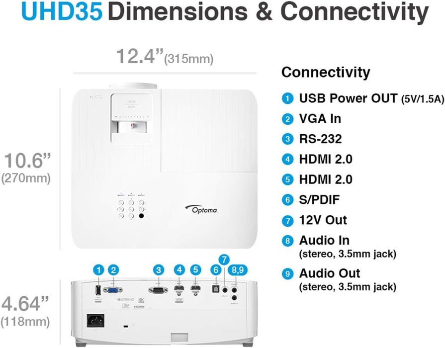 Optoma True 4K UHD Home Theater/Gaming Projector - White (UHD35) Open Box (8/10) - NJ Accessory/Buy Direct & Save