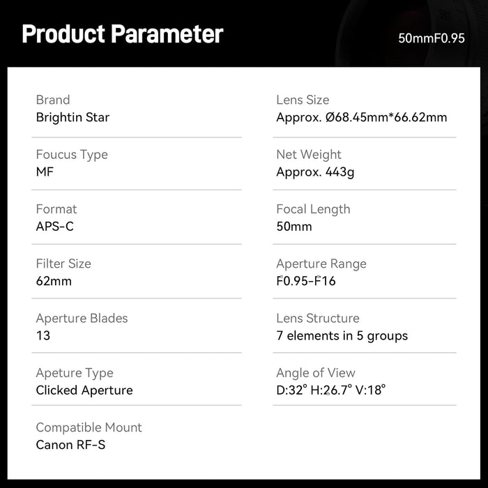 50mm F0.95 f/0.95 APS-C Mirrorless Camera Lens for Canon RF-S Mount RF R5 R6 R7 R10 R50 R100, Manual Focus Lens for Portrait Night Photography