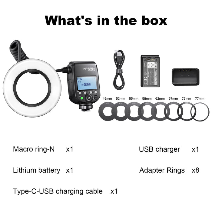 NJA TTL  MF-R76N Macro Ring Flash for Nikon TTL/M Mode 5900K 76Ws 2.4G Wireless Control 550 Full-Power Flashes 0.1-1s Recycle Time Dual-Flash Tubes with LCD Screen for Inscet Plant Jewelry Shooting - Buy Direct & Save