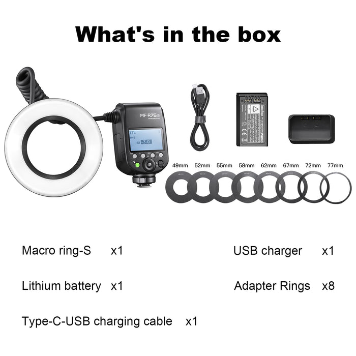 NJA TTL  MF-R76N Macro Ring Flash for Nikon TTL/M Mode 5900K 76Ws 2.4G Wireless Control 550 Full-Power Flashes 0.1-1s Recycle Time Dual-Flash Tubes with LCD Screen for Inscet Plant Jewelry Shooting - Buy Direct & Save