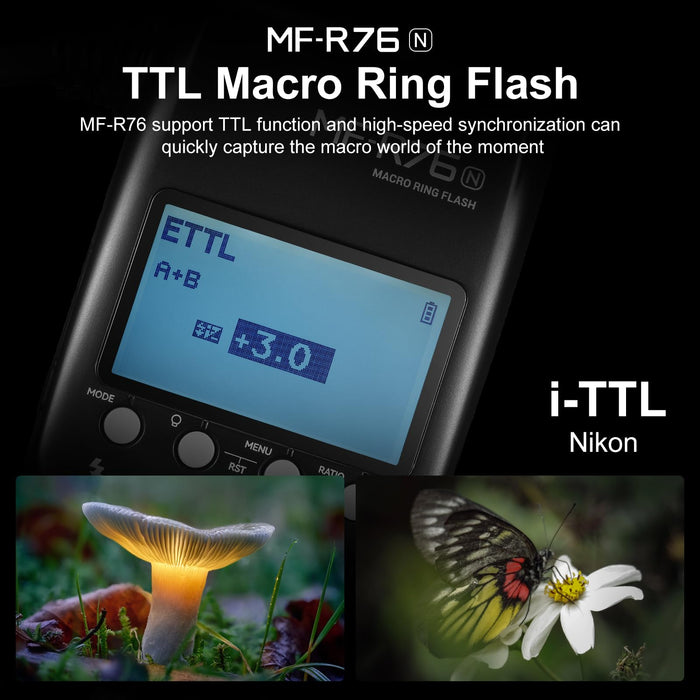 NJA TTL  MF-R76N Macro Ring Flash for Nikon TTL/M Mode 5900K 76Ws 2.4G Wireless Control 550 Full-Power Flashes 0.1-1s Recycle Time Dual-Flash Tubes with LCD Screen for Inscet Plant Jewelry Shooting - Buy Direct & Save