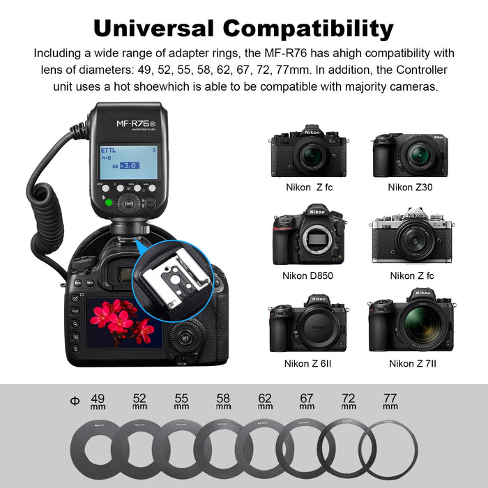 NJA TTL  MF-R76N Macro Ring Flash for Nikon TTL/M Mode 5900K 76Ws 2.4G Wireless Control 550 Full-Power Flashes 0.1-1s Recycle Time Dual-Flash Tubes with LCD Screen for Inscet Plant Jewelry Shooting - Buy Direct & Save