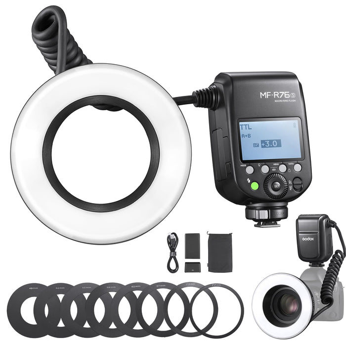 NJA TTL  MF-R76N Macro Ring Flash for Nikon TTL/M Mode 5900K 76Ws 2.4G Wireless Control 550 Full-Power Flashes 0.1-1s Recycle Time Dual-Flash Tubes with LCD Screen for Inscet Plant Jewelry Shooting - Buy Direct & Save