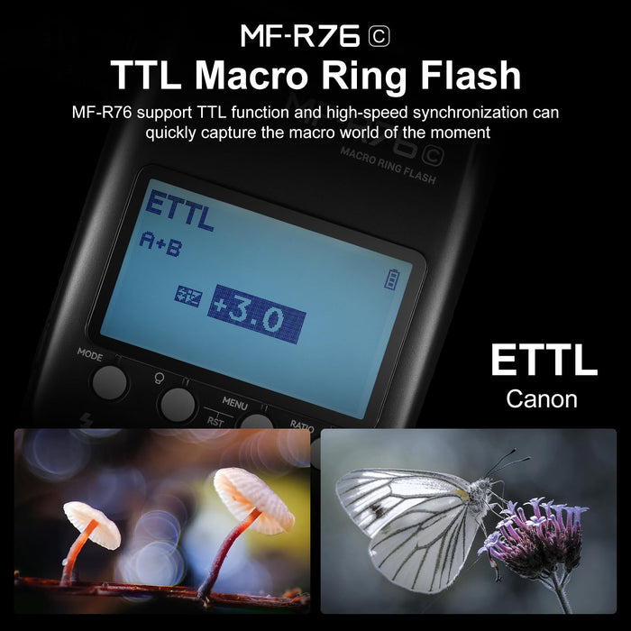 NJA TTL  MF-R76N Macro Ring Flash for Nikon TTL/M Mode 5900K 76Ws 2.4G Wireless Control 550 Full-Power Flashes 0.1-1s Recycle Time Dual-Flash Tubes with LCD Screen for Inscet Plant Jewelry Shooting - Buy Direct & Save