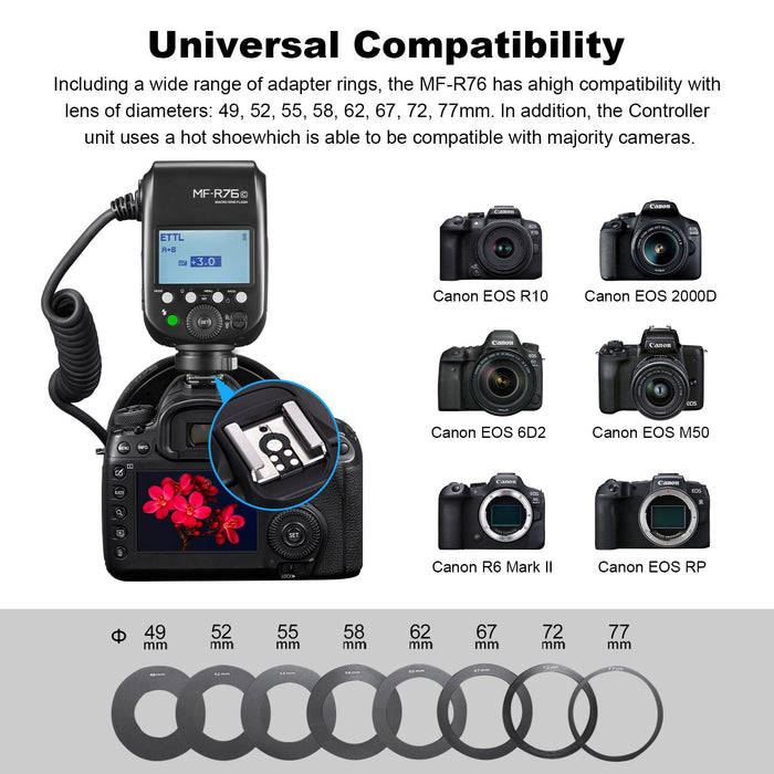 NJA TTL  MF-R76N Macro Ring Flash for Nikon TTL/M Mode 5900K 76Ws 2.4G Wireless Control 550 Full-Power Flashes 0.1-1s Recycle Time Dual-Flash Tubes with LCD Screen for Inscet Plant Jewelry Shooting - Buy Direct & Save