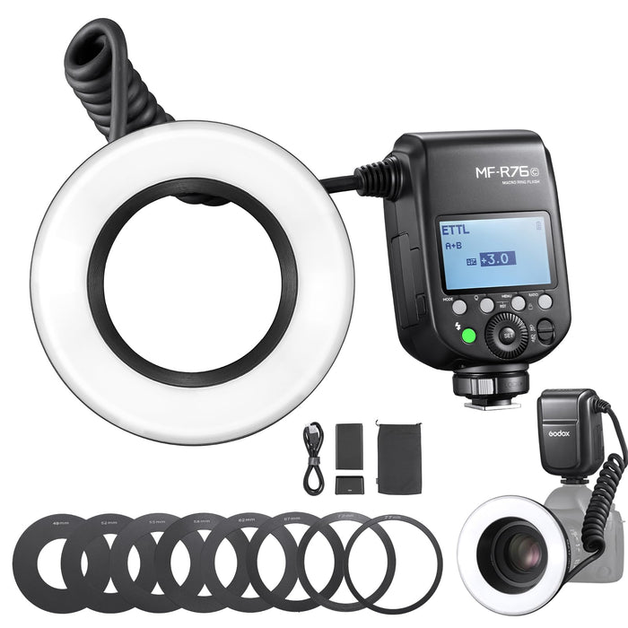 NJA TTL  MF-R76N Macro Ring Flash for Nikon TTL/M Mode 5900K 76Ws 2.4G Wireless Control 550 Full-Power Flashes 0.1-1s Recycle Time Dual-Flash Tubes with LCD Screen for Inscet Plant Jewelry Shooting - Buy Direct & Save