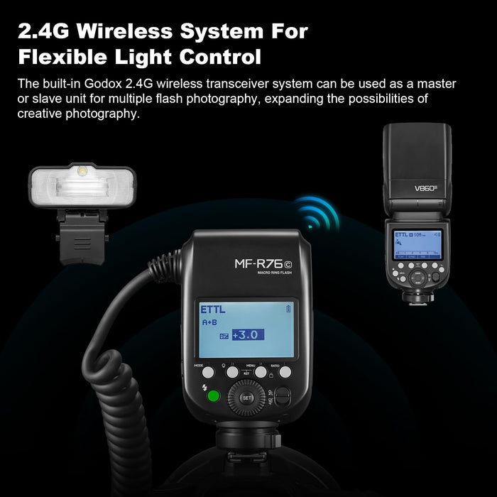 NJA TTL  MF-R76N Macro Ring Flash for Nikon TTL/M Mode 5900K 76Ws 2.4G Wireless Control 550 Full-Power Flashes 0.1-1s Recycle Time Dual-Flash Tubes with LCD Screen for Inscet Plant Jewelry Shooting - Buy Direct & Save