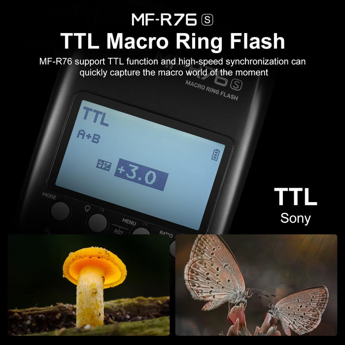 NJA TTL  MF-R76N Macro Ring Flash for Nikon TTL/M Mode 5900K 76Ws 2.4G Wireless Control 550 Full-Power Flashes 0.1-1s Recycle Time Dual-Flash Tubes with LCD Screen for Inscet Plant Jewelry Shooting - Buy Direct & Save