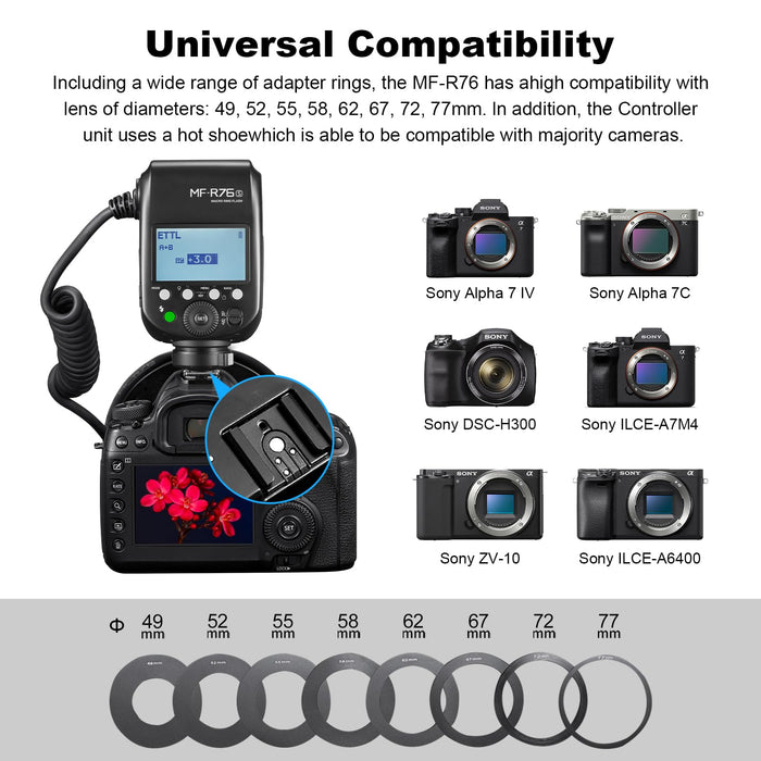 NJA TTL  MF-R76N Macro Ring Flash for Nikon TTL/M Mode 5900K 76Ws 2.4G Wireless Control 550 Full-Power Flashes 0.1-1s Recycle Time Dual-Flash Tubes with LCD Screen for Inscet Plant Jewelry Shooting - Buy Direct & Save