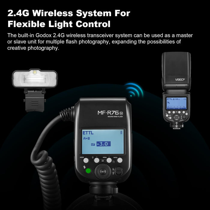 NJA TTL  MF-R76N Macro Ring Flash for Nikon TTL/M Mode 5900K 76Ws 2.4G Wireless Control 550 Full-Power Flashes 0.1-1s Recycle Time Dual-Flash Tubes with LCD Screen for Inscet Plant Jewelry Shooting - Buy Direct & Save