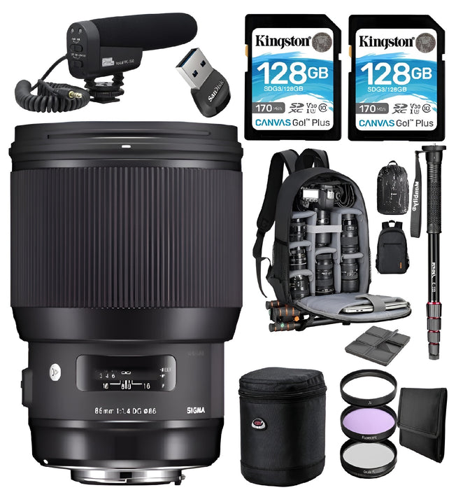 Sigma 85mm f/1.4 DG HSM Art Lens For Canon EF With 2x Kingston 128GB MC + Lens Backpack + Microphone + Monopod + Lens Filter + More Travelers Bundle