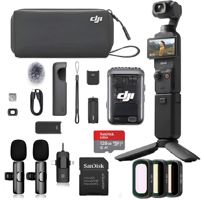 DJI Osmo Pocket 3 Creator Combo Bundle with Clip-On Transmitter/Recorder, Wide Angle Lens, Tripod, Carrying Bag + Wireless Microphone System, 128GB Micro SD Card, DJI Magnetic ND Filters Kit