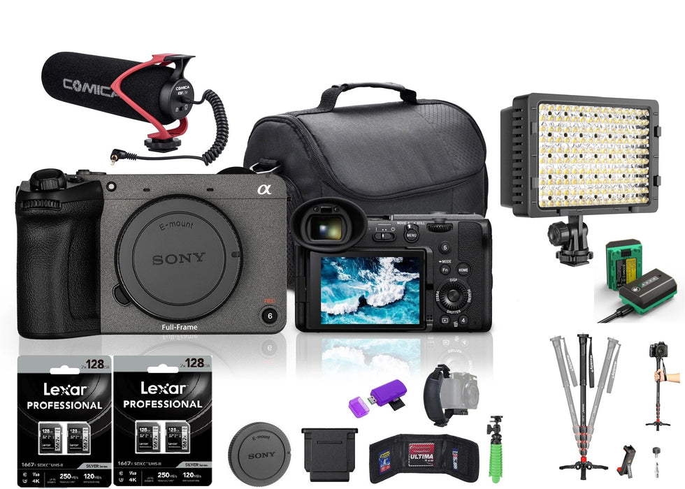 Sony FX2 Full-frame Cinema Camera + 2 x Lexar 128GB 1667x UHS-II SDXC MC (2-Pack) + monopod + microphone + 2 Pack 2600mAh NP-FZ100 Replacement Battery USB-C Charging Cable pro bundle + more Sony