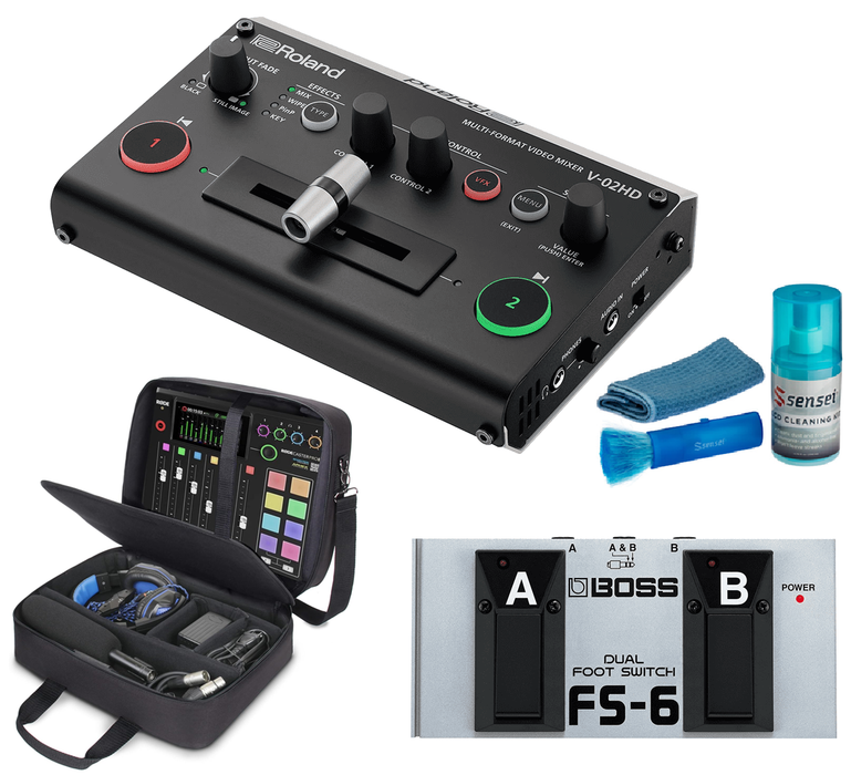 Roland V-02HD Video Mixer Bundle + USA Gear Audio Mixer Case Travel Case - 1/4-Inch Straight Latch or Unlatch Dual Footswitch (FS-6) + Sensei LCD Cleaning Kit - NJ Accessory/Buy Direct & Save