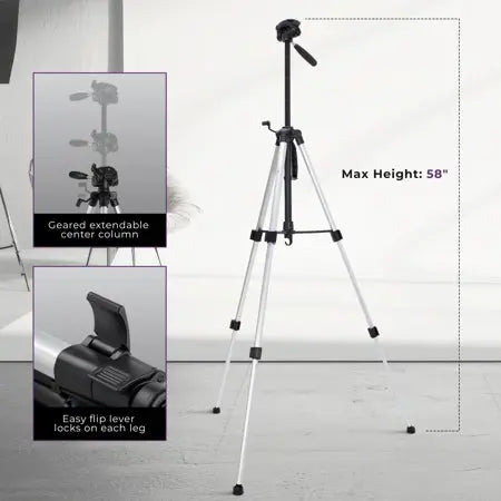 Takama 58-inch Aluminum 3-Section Tripod with 3-Way Pan Head for Cameras