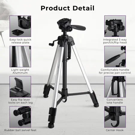 Takama 58-inch Aluminum 3-Section Tripod with 3-Way Pan Head for Cameras
