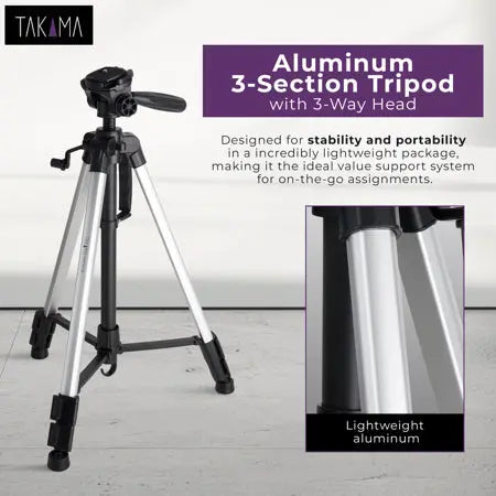 Takama 58-inch Aluminum 3-Section Tripod with 3-Way Pan Head for Cameras