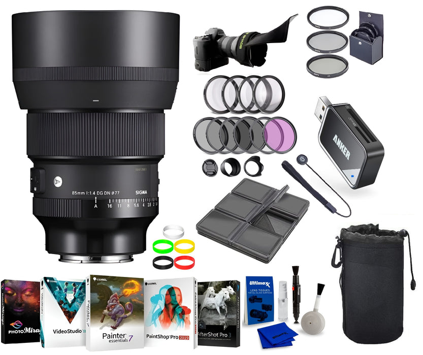Sigma 85mm f/1.4 DG DN ART Lens for Sony E, Bundle With NEEWER 77mm Filter Kit, PC Software Kit, Memory Card Reader, Flex Lens Shade, Lens Pouch + More