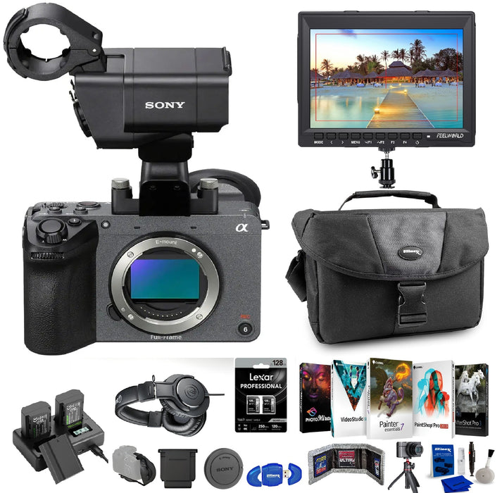 Sony FX2 Full-frame Cinema Camera with XLR handle + Lexar 128GB 1667x UHS-II SDXC MC (2-Pack) + FEELWORLD FW759 7 inch Slim DSLR Camera Field Monitor 2 x Neewer NP-FZ100 Rechargeable Batteries pack bundle + more