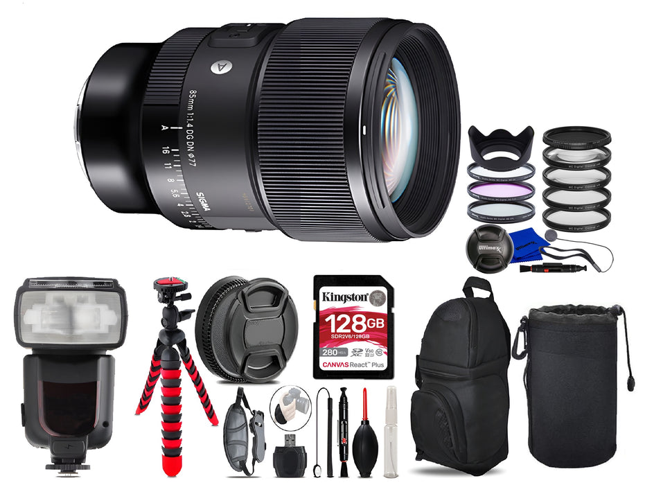 SIGMA 85mm f/1.4 DG DN Art Lens for Sony E With Kingston 128GB MC + Lens Filter + Lens Backpack & Pouch Pro Zoom Bundle