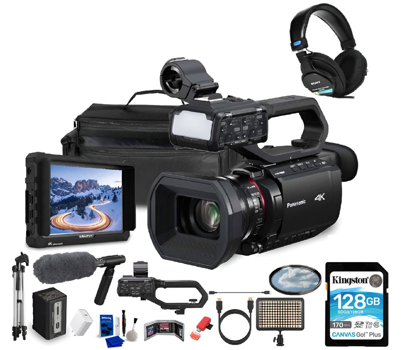 Panasonic HC-X2100 UHD 4K 3G-SDI/HDMI Pro Lightweight Camcorder with 24x Zoom (HC-X2100) + Pro Mic + Monitor + Pro Headphones + Case + LED Light + Tripod + 128GB Memory Card + USB-C Cable + More - Buy Direct & Save