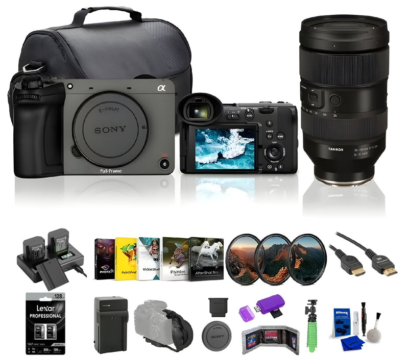 Sony FX2 Full-Frame Digital Cinema Camera with 33MP Sensor and AI Autofocus (ILME-FX2B) + Tamron 35-150mm f/2-2.8 Di III VXD Lens + Lexar 128GB Memory Card (2-Pack) + NP-FZ100 Battery + Lens Filter Kit + Photography Software + Camera Bag + More Sony