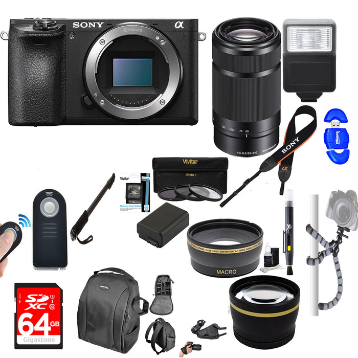 Sony Alpha a6500 24.2MP Wi-Fi Mirrorless Camera 16-50mm & 55-210mm Zoom Lens (Black) Bundle