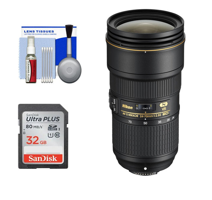 Nikon AF-S NIKKOR 24-70mm f/2.8E ED VR Lens with 32GB Memory Card & Cleaning Kit