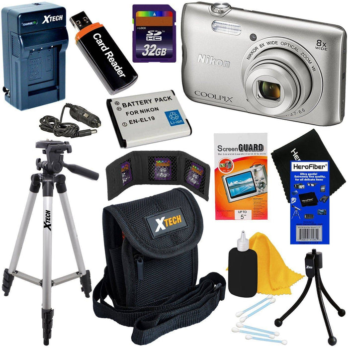 Nikon Coolpix A300 Wi-Fi Digital Camera (Silver) with 32GB Card + Case + Battery & Charger Bundle