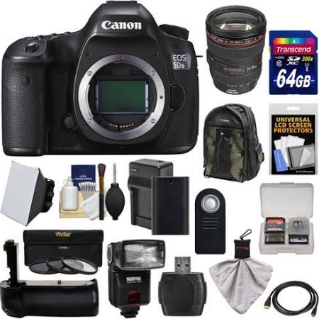 Canon Eos 5DS R Digital SLR Camera Body with 24-105mm f/4 L Lens + 64GB Card + Battery & Charger + Backpack + Grip + Flash