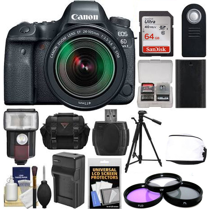Canon EOS 6D Mark II Wi-Fi Digital SLR Camera & EF 24-105mm IS STM Lens with 64GB Card + Case + Flash + Battery & Charger + Tripod + Filters Kit
