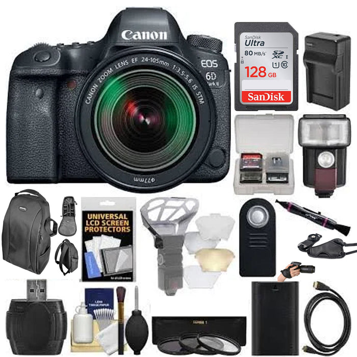 Canon EOS 6D Mark II DSLR Camera with 24-105mm f/3.5-5.6 Lens Lens with 128GB Card + Backpack + Flash + Diffuser + Battery & Charger + Filters + Kit