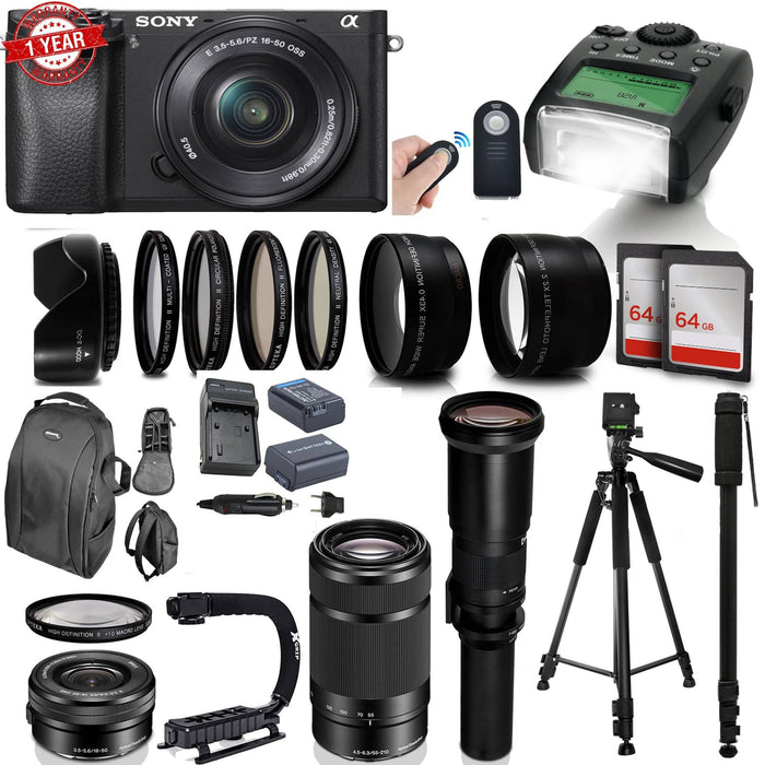 Sony Alpha A6300 Mirrorless Black Digital Camera with 16-50mm, 55-210mm & 500mm Preset Lens Supreme Bundle