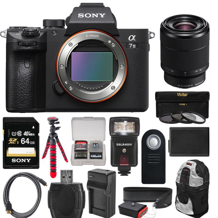 Sony Alpha a7 III K Wi-Fi Digital Camera Body with FE 28-70mm Lens + 64GB Card + Backpack + Flash + Battery & Charger + Tripod + Kit