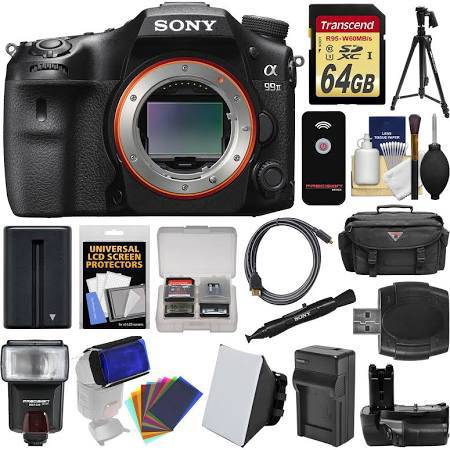 Sony Alpha A99 II Full Frame 4K Wi-Fi Digital SLR Camera Body with 64GB Card + Case + Flash + Battery & Charger + Grip + Tripod + Kit