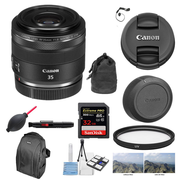 Canon RF 35mm f/1.8 IS Macro STM Bundle Backpack & 32GB Memory Card and more