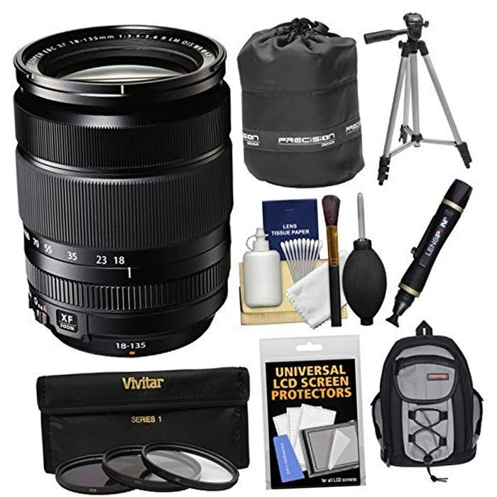 Fujifilm XF 18-135mm f/3.5-5.6 R LM OIS WR Lens Backpack + Tripod + 3 Filter Kit Bundle