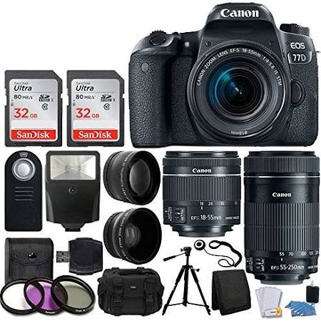 Canon EOS 77D DSLR Camera + Canon EF-S 18-55mm f/4-5.6 Is STM Lens + Canon EF-S 55-250mm f/4-5.6 Is STM Lens + Wide Angle & Telephoto Lens