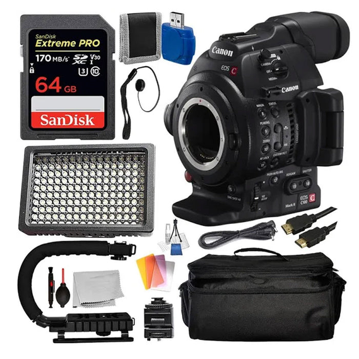 Canon EOS C100 Mark II Cinema EOS Camera with Dual Pixel CMOS AF (Body Only) with Sandisk Extreme Pro 64GB | LED Light | Large Case & More