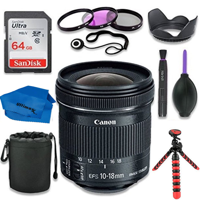 Canon EF-S 10-18mm f/4.5-5.6 IS STM Lens w/ Canon DSLR Cameras & SanDisk 64GB Class 10 Memory Card | Complete Accessory