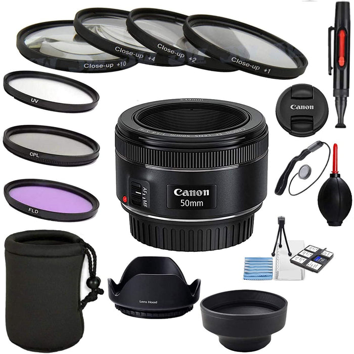 Canon EF 50mm f/1.8 STM Lens with UV, CPL, FLD + Close up kit + Tulip Hood + Collapsible Hood+ Lens Pen & Blower + Lens Cap + Starter kit