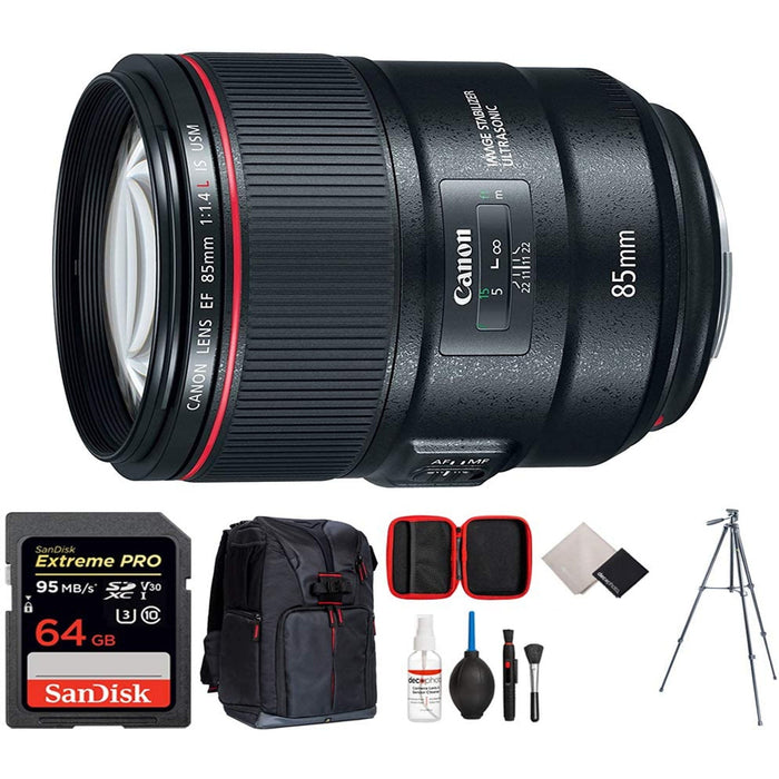 Canon EF 85mm f/1.4L IS USM Lens with Sandisk Extreme Pro 64GB | DSLR Backpack | Tripod & Cleaning Kit Bundle