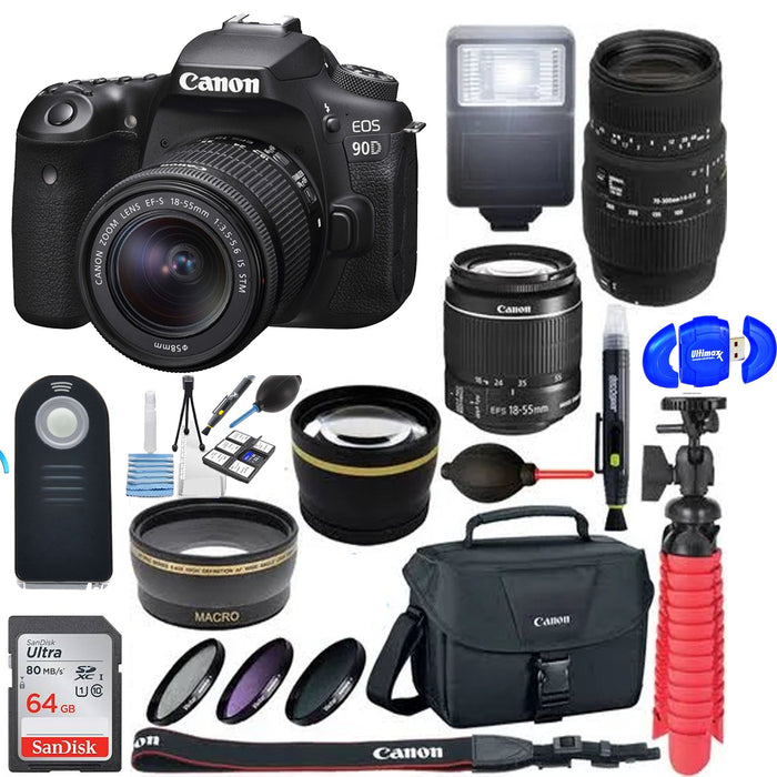 Canon EOS 90D DSLR Camera with 18-55mm & 70-300mm Dual Lens Bundle & Additional Accessories