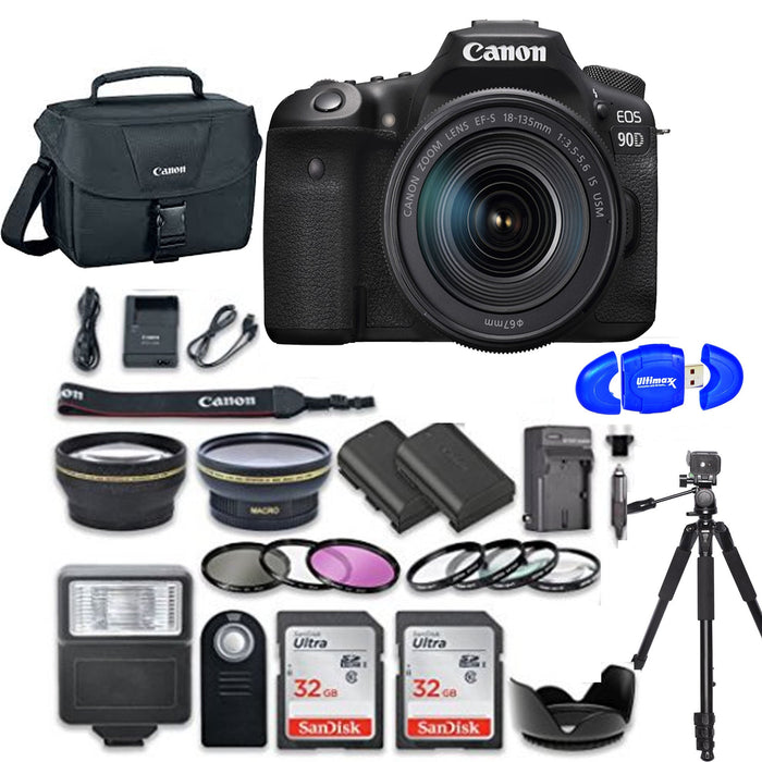 Canon EOS 90D DSLR Camera with 18-135mm Lens with 2x Sandisk 32GB Memory Cards | Canon EOS Case | Tripod | & More