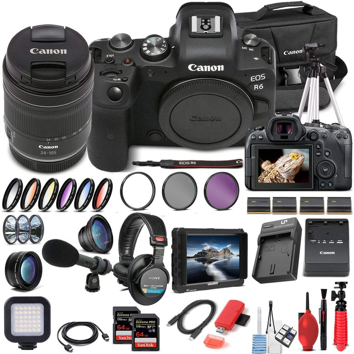 Canon EOS R6 Mirrorless Digital Camera with 24-105mm f/4-7.1 Lens & Monitor | Headphones | Mic | 2 x 64GB Memory Card | Case| Tripod | More