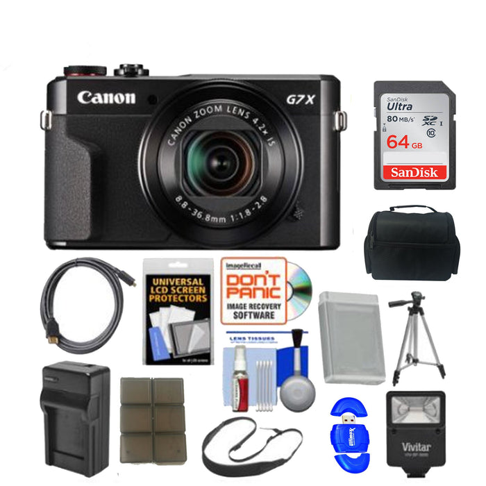 Canon PowerShot G7 X Mark II Wi-Fi Digital Camera with 64GB Card + Case + Flash + Battery & Charger + Tripod + Strap + Kit