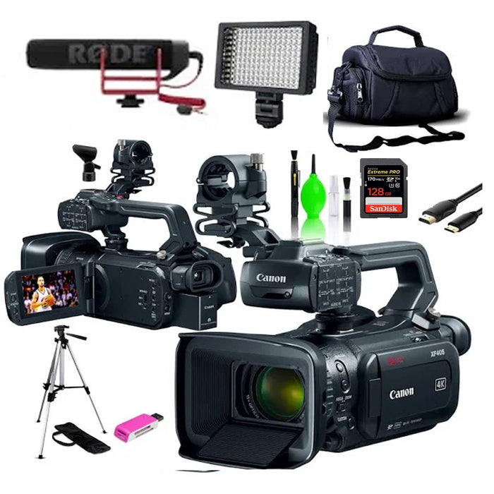 Canon XF405 4K UHD 60P Camcorder with Dual-Pixel Autofocus with Rode Microphone | Case | Tripod | LED Light & More Bundle