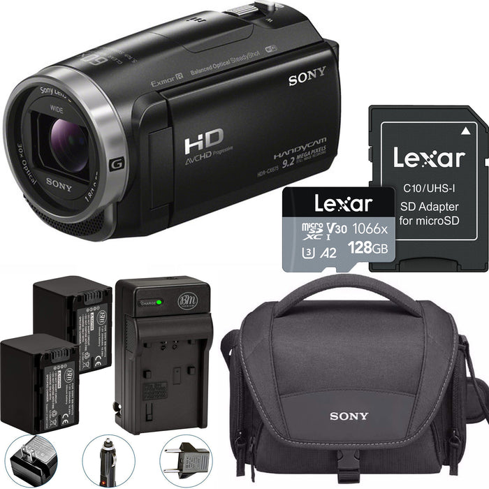 Sony HDR-CX675 Full HD Handycam Camcorder with 2x Spare Batteries | Charger | Sony Case & Lexar 128GB microSDXC Card with Adapter Premium Package