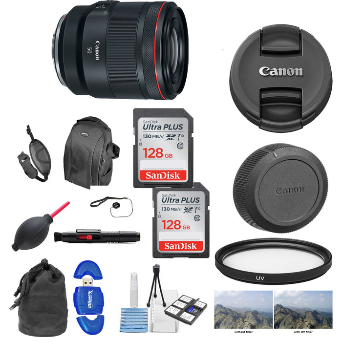 Canon RF 50mm f/1.2L USM Lens with 2x 128 LensRain Cover | Cleaning Kit & UV Filter Package
